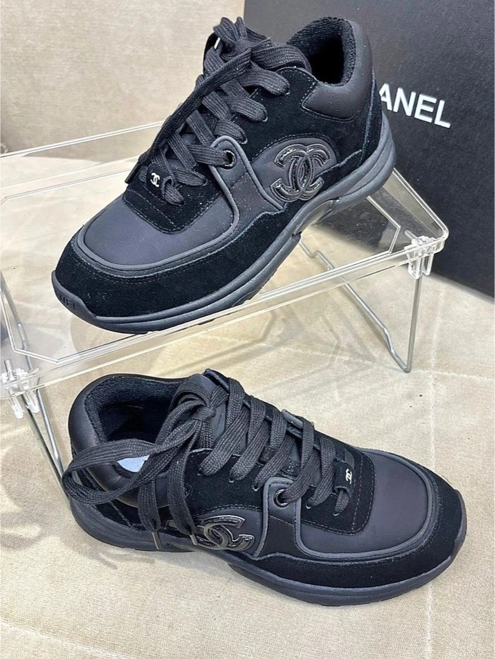 Chanel Suede and Mesh CC Logo Low-Top Sneakers Black